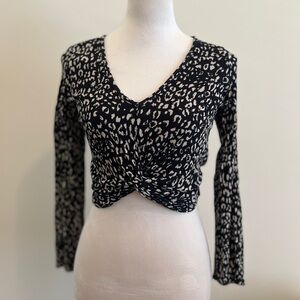 Tan and Black Long Sleeve Crop Tie Front Blouse